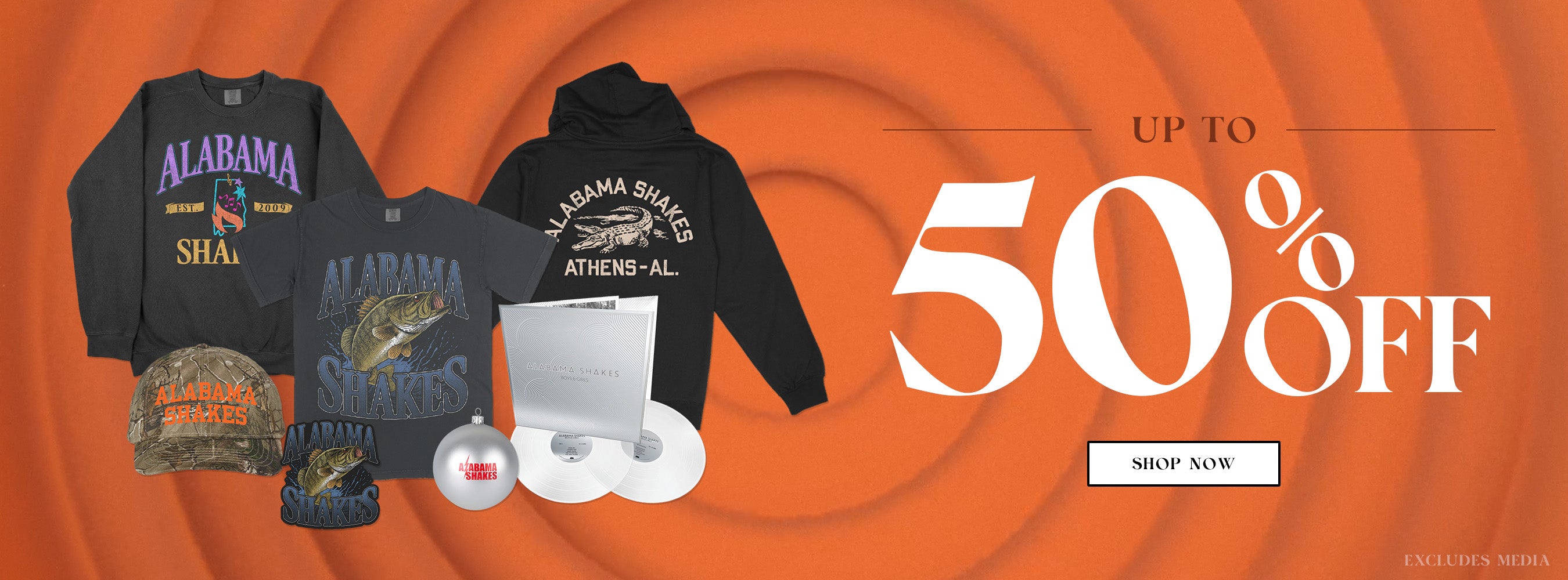 Promotional banner with Alabama-themed merchandise and a 50% off discount offer on an orange background.