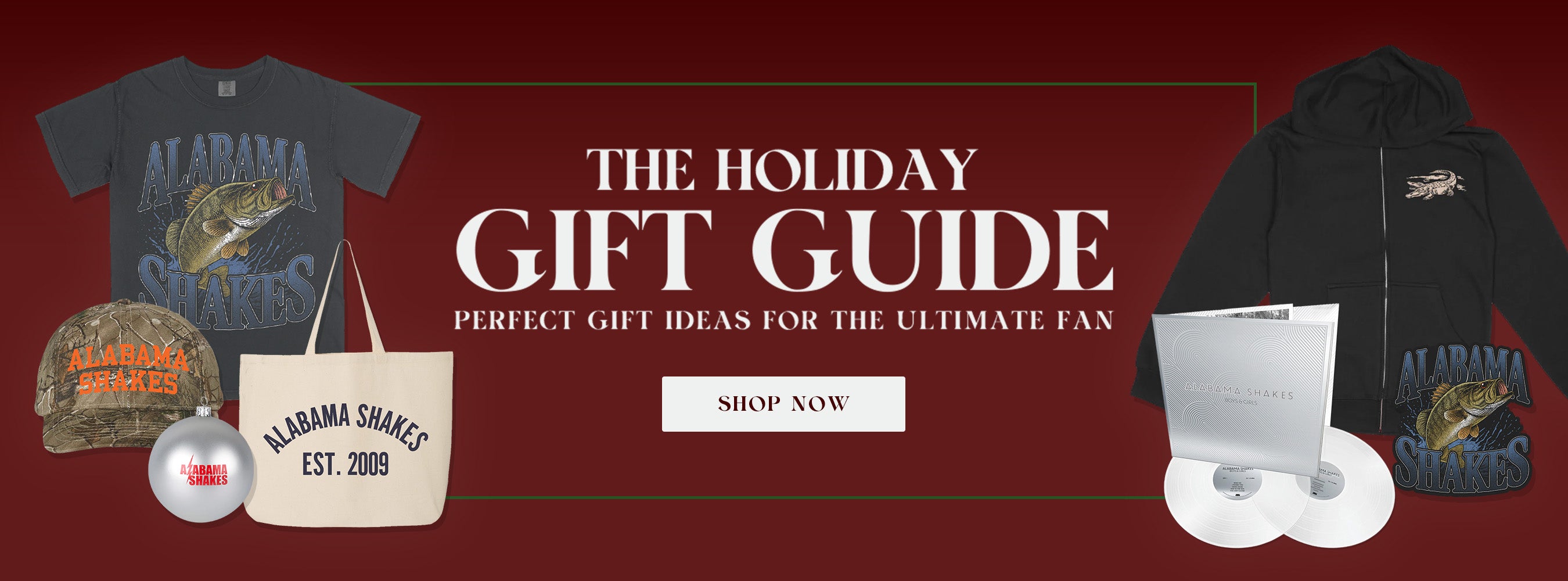 Promotional banner for 'The Holiday Gift Guide' with Alabama Shakes merchandise on a red background.