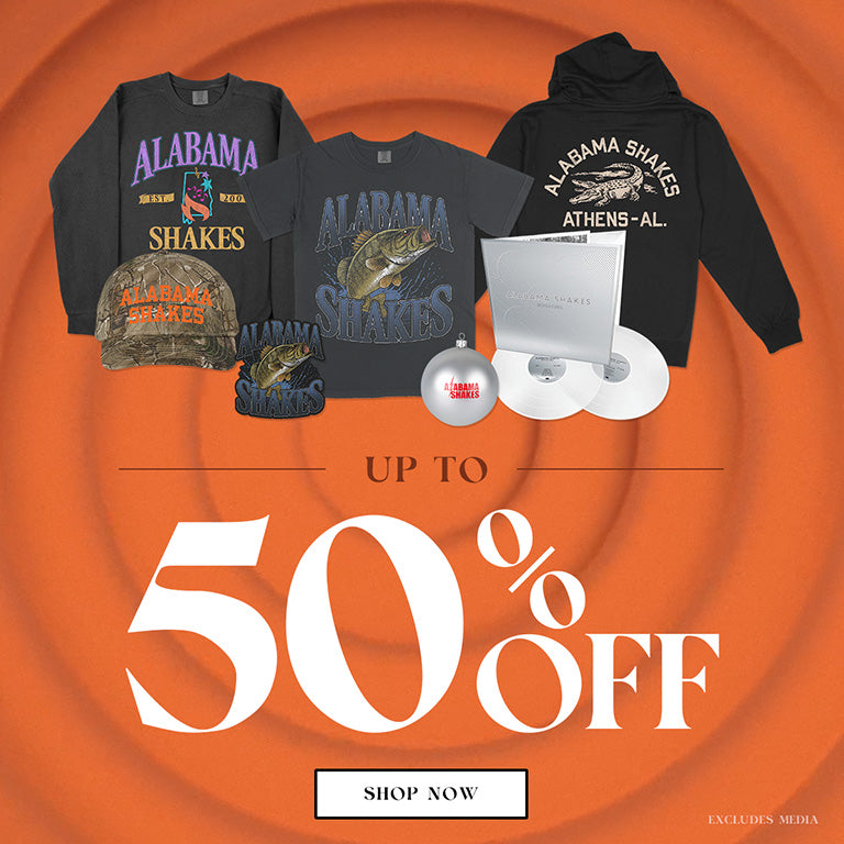 Collection of 'Alabama Shakes' merchandise with promotional text on an orange background