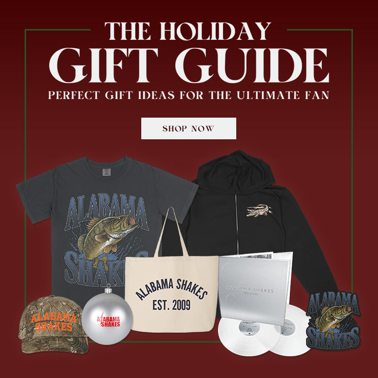 Promotional image for 'The Holiday Gift Guide' with merchandise featuring 'Alabama Shakes' on a red background.